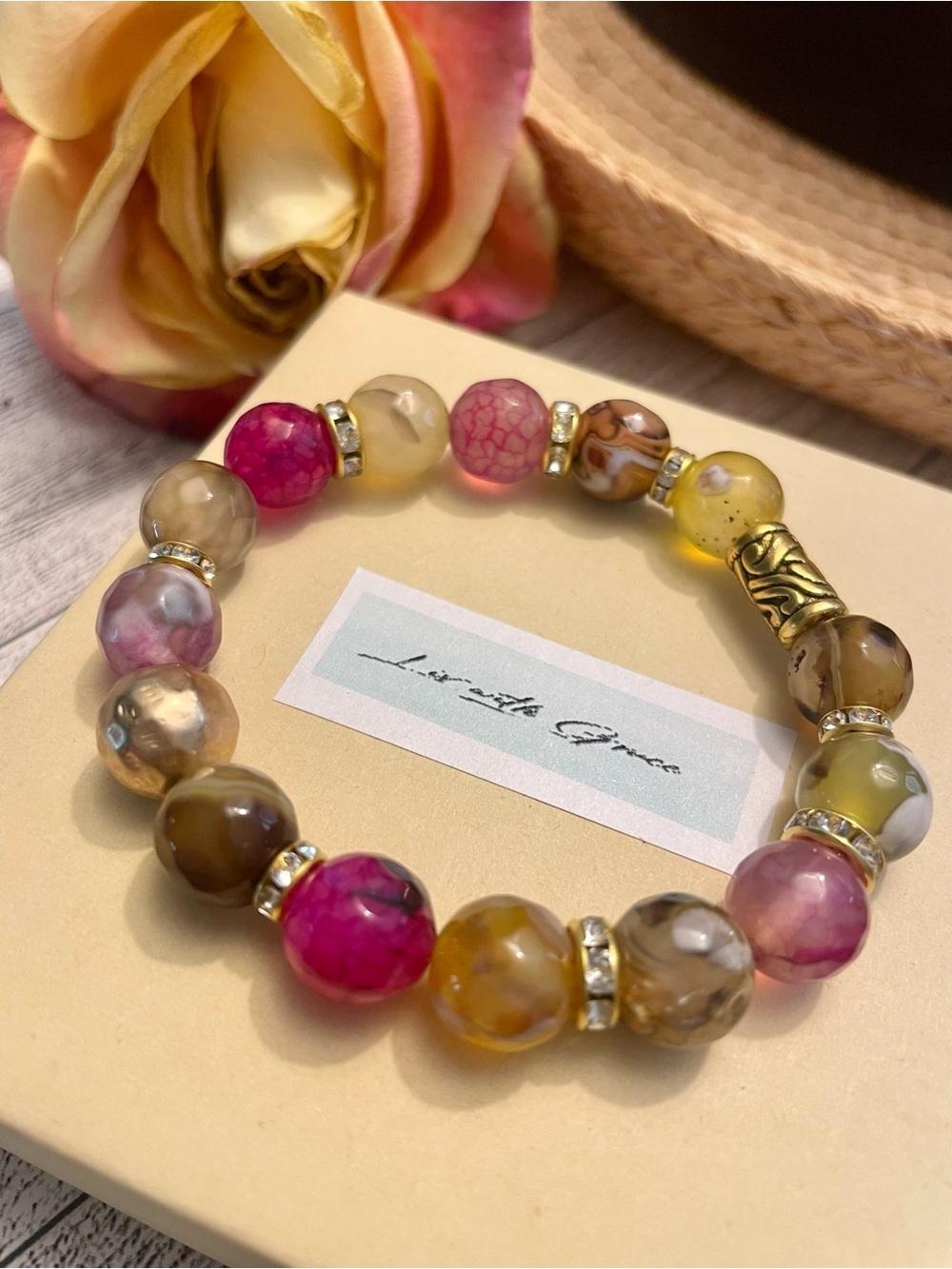 Fushia Multicolored faceted Agate Bracelet Gold Accented 10mm handmade